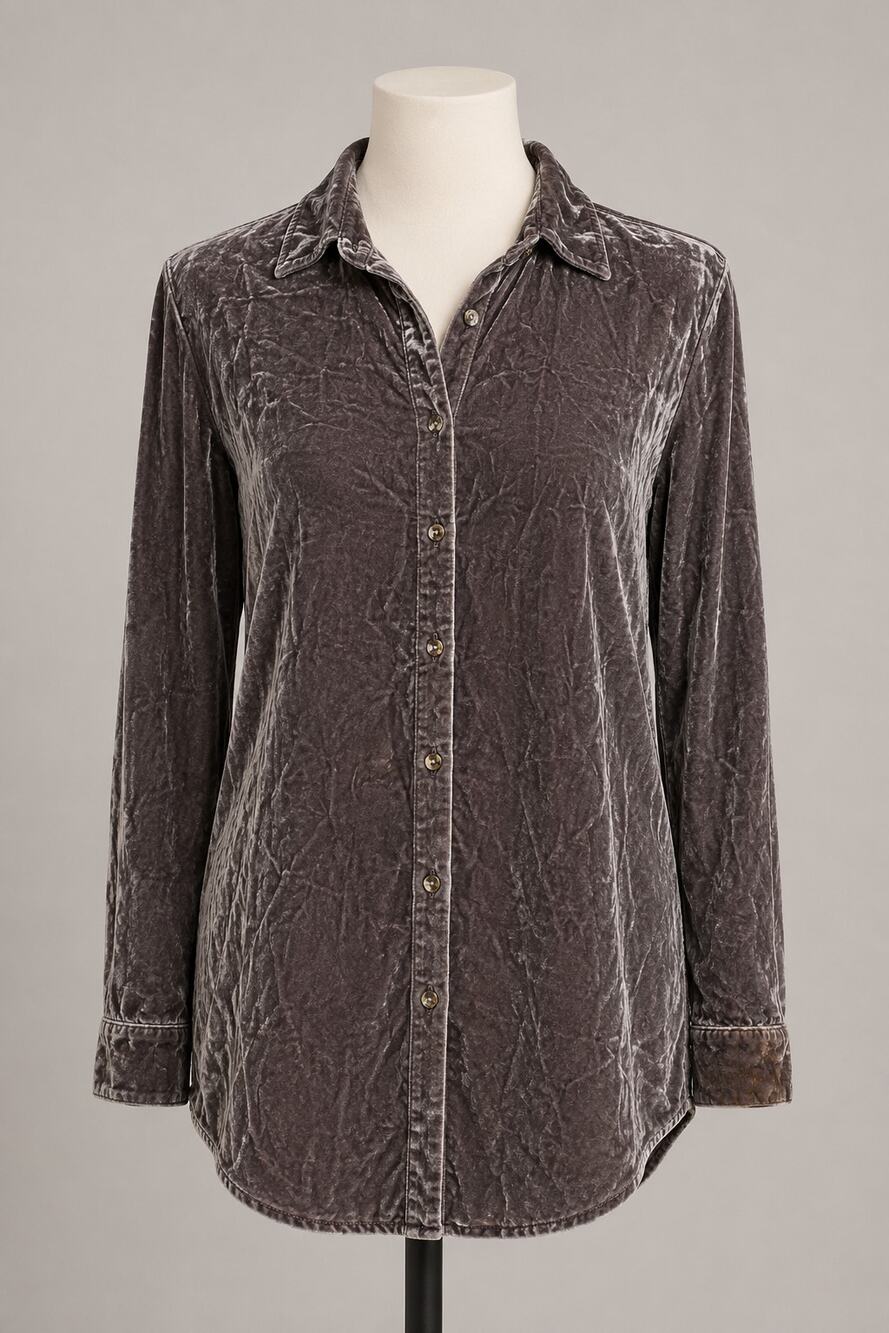 Jade by Johnny Was Velvet Button Front Shirt Small Taupe Gray Boho Tunic Flaws